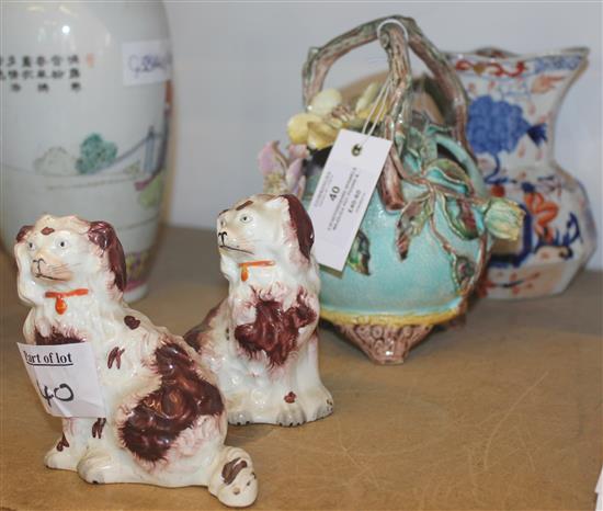 2 Staffordshire spaniels, majolica pot pourri & Masons ironstone jug